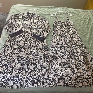 Natori Vintage Full Zip Caftan Robe & Gown Set Navy Neiman Marcus Long Kimono M